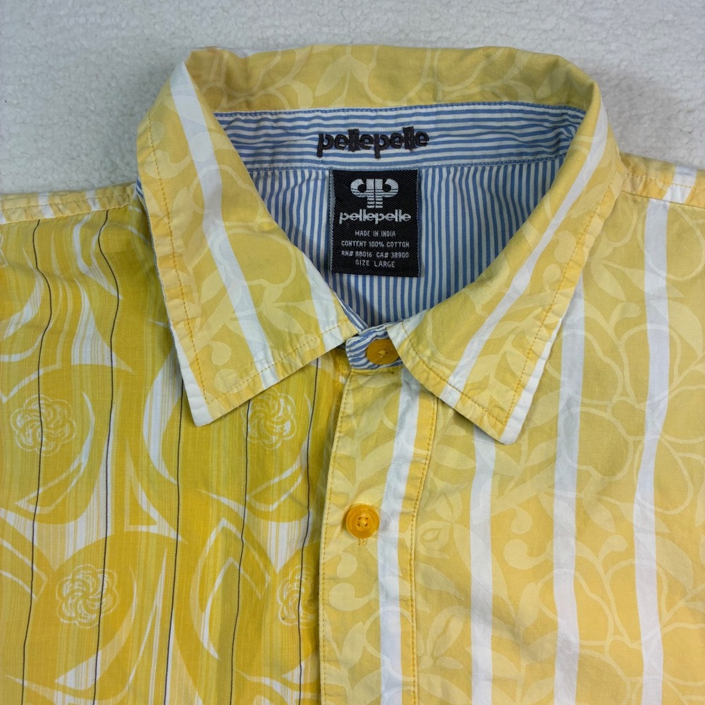 Pelle Pelle Button Shirt Men Lg Yellow Floral AOP Pinstripe Hawaiian Vintage Y2K
